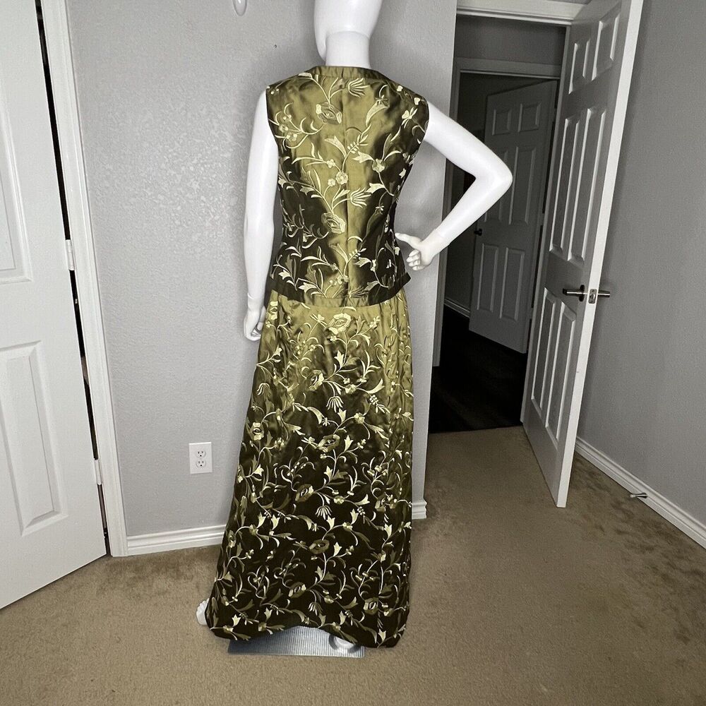Carlisle Sz 8 Skirt 10 Top 3 Piece Silk Maxi Skirt Set Olive Green Embroidered - Picture 5 of 13
